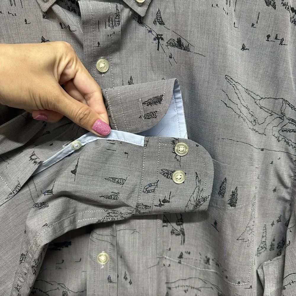 Banana‎ Republic Shirt Mens Button Down Sz L Gray Ski Skier Luxe Poplin Slim Fit